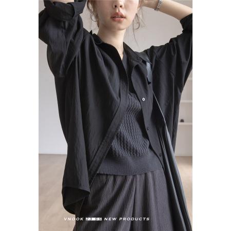 FA51836# 长袖衬衫上衣女设计感小众春夏新款宽松翻领休闲褶皱防晒衫 服裝批發女裝批發服飾貨源