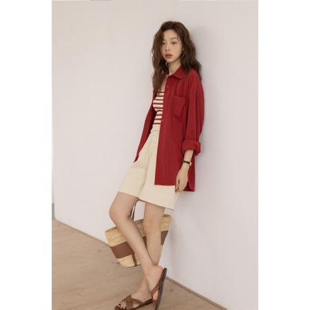 FA51836# 长袖衬衫上衣女设计感小众春夏新款宽松翻领休闲褶皱防晒衫 服裝批發女裝批發服飾貨源