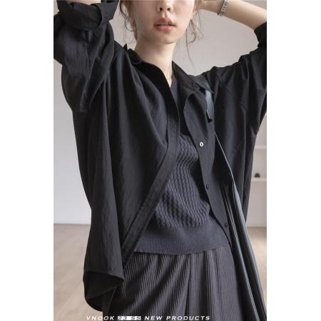 FA51836# 长袖衬衫上衣女设计感小众春夏新款宽松翻领休闲褶皱防晒衫 服裝批發女裝批發服飾貨源