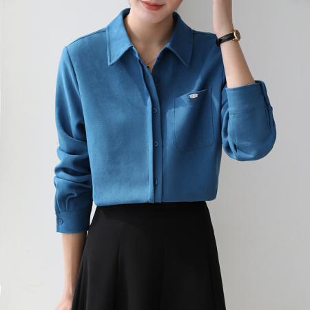 FA51838# 免烫磨毛衬衫女秋冬新款基础百搭多巴胺polo领长袖打底衫 服裝批發女裝批發服飾貨源