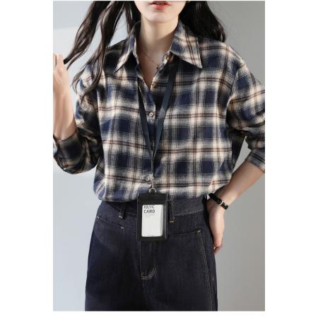 FA51839# 韩系藏青色磨毛格子衬衫女秋冬慵懒宽松休闲长袖衬衣外套 服裝批發女裝批發服飾貨源