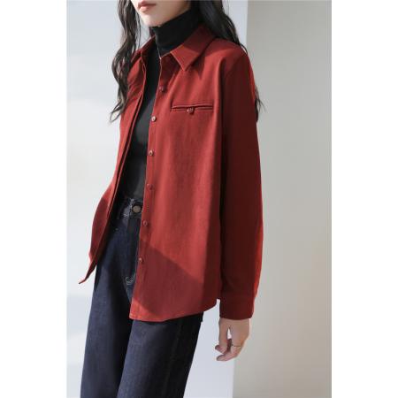 FA51840# 秋冬新款慵懒磨毛职业衬衫女复古翻领过年红衬衣长袖上衣 服裝批發女裝批發服飾貨源