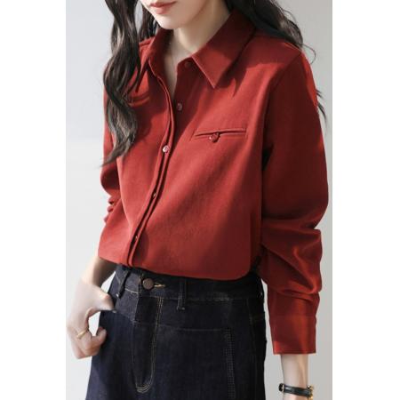 FA51840# 秋冬新款慵懒磨毛职业衬衫女复古翻领过年红衬衣长袖上衣 服裝批發女裝批發服飾貨源