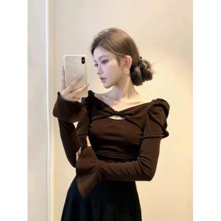 FA51841# 高端小资小上衣轻奢高级感法式气质职业蝴蝶结镂空咖色打底衫 服裝批發女裝批發服飾貨源