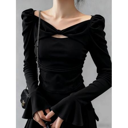 FA51841# 高端小资小上衣轻奢高级感法式气质职业蝴蝶结镂空咖色打底衫 服裝批發女裝批發服飾貨源