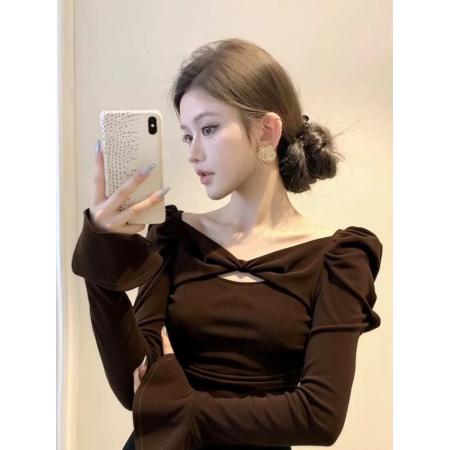 FA51841# 高端小资小上衣轻奢高级感法式气质职业蝴蝶结镂空咖色打底衫 服裝批發女裝批發服飾貨源