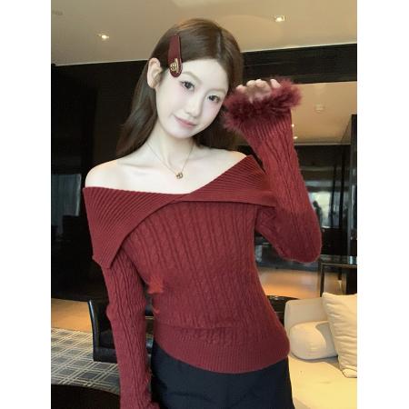 秋冬新款气质毛毛袖一字肩翻领针织衫上衣 服裝批發女裝批發服飾貨源