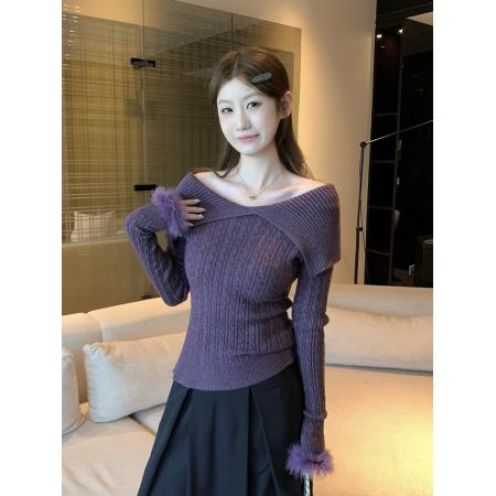 FA51842# 秋冬新款气质毛毛袖一字肩翻领针织衫上衣 服裝批發女裝批發服飾貨源