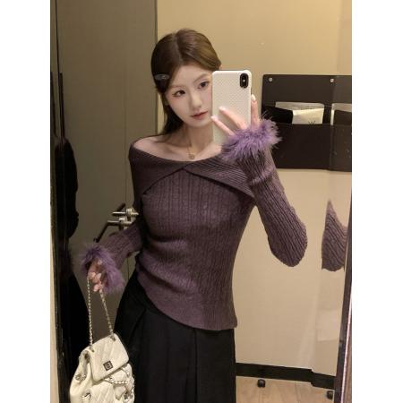 FA51842# 秋冬新款气质毛毛袖一字肩翻领针织衫上衣 服裝批發女裝批發服飾貨源