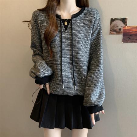 FA51843# 大码胖MM设计感撞色系带抽绳长袖卫衣洋气百搭上衣 服裝批發女裝批發服飾貨源