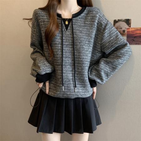 FA51843# 大码胖MM设计感撞色系带抽绳长袖卫衣洋气百搭上衣 服裝批發女裝批發服飾貨源