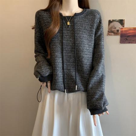 FA51843# 大码胖MM设计感撞色系带抽绳长袖卫衣洋气百搭上衣 服裝批發女裝批發服飾貨源