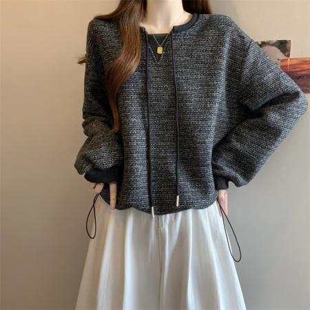 FA51843# 大码胖MM设计感撞色系带抽绳长袖卫衣洋气百搭上衣 服裝批發女裝批發服飾貨源