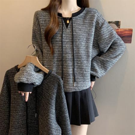 FA51843# 大码胖MM设计感撞色系带抽绳长袖卫衣洋气百搭上衣 服裝批發女裝批發服飾貨源