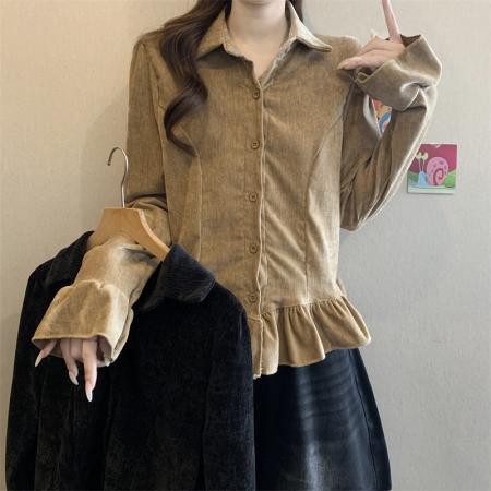 FA51844# 大码胖MM设计感荷叶边喇叭袖丝绒小杉洋气百搭上衣 服裝批發女裝批發服飾貨源