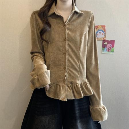 FA51844# 大码胖MM设计感荷叶边喇叭袖丝绒小杉洋气百搭上衣 服裝批發女裝批發服飾貨源