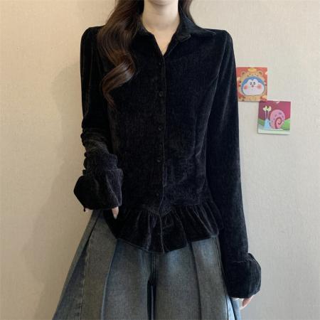 FA51844# 大码胖MM设计感荷叶边喇叭袖丝绒小杉洋气百搭上衣 服裝批發女裝批發服飾貨源