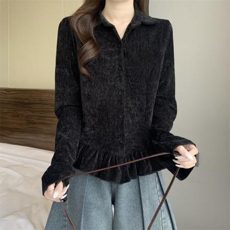 FA51844# 大码胖MM设计感荷叶边喇叭袖丝绒小杉洋气百搭上衣 服裝批發女裝批發服飾貨源