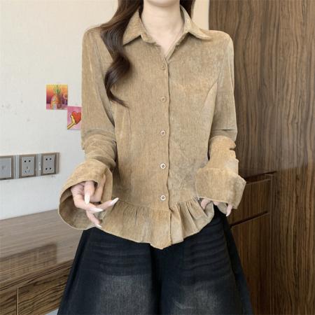 FA51844# 大码胖MM设计感荷叶边喇叭袖丝绒小杉洋气百搭上衣 服裝批發女裝批發服飾貨源