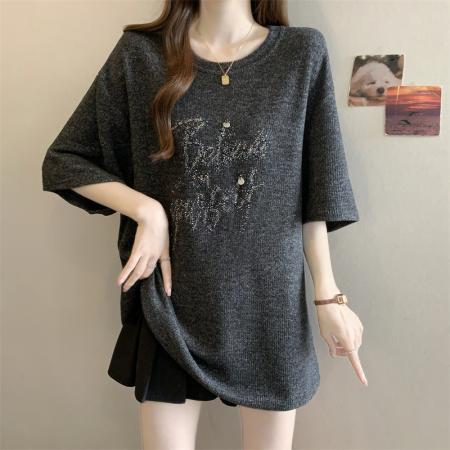 FA51845# 大码ＭＭ　设计感烫钻磨毛T恤打底内搭短袖上衣 服裝批發女裝批發服飾貨源