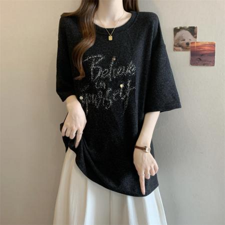 FA51845# 大码ＭＭ　设计感烫钻磨毛T恤打底内搭短袖上衣 服裝批發女裝批發服飾貨源