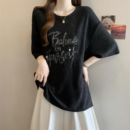 FA51845# 大码ＭＭ　设计感烫钻磨毛T恤打底内搭短袖上衣 服裝批發女裝批發服飾貨源