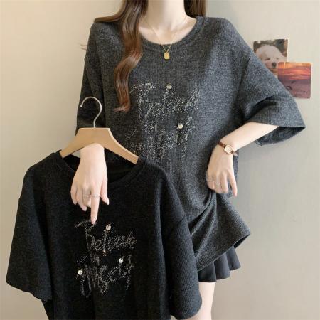 FA51845# 大码ＭＭ　设计感烫钻磨毛T恤打底内搭短袖上衣 服裝批發女裝批發服飾貨源