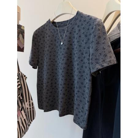 FA51847# 德绒大码300斤满印兰花草韩系减龄磨毛感短款显瘦t恤女宽松上衣秋 服裝批發女裝批發服飾貨源