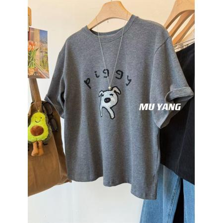 FA51848# 螺纹德绒大码300斤秋季植绒小猪磨毛短袖T恤休闲宽松圆领上衣T恤 服裝批發女裝批發服飾貨源