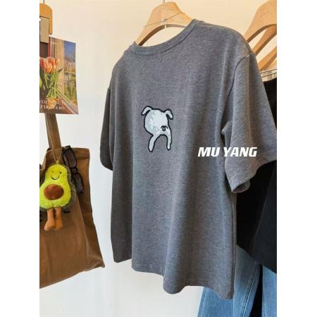 FA51848# 螺纹德绒大码300斤秋季植绒小猪磨毛短袖T恤休闲宽松圆领上衣T恤 服裝批發女裝批發服飾貨源