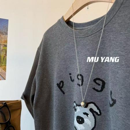 FA51848# 螺纹德绒大码300斤秋季植绒小猪磨毛短袖T恤休闲宽松圆领上衣T恤 服裝批發女裝批發服飾貨源