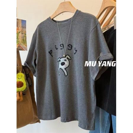 FA51848# 螺纹德绒大码300斤秋季植绒小猪磨毛短袖T恤休闲宽松圆领上衣T恤 服裝批發女裝批發服飾貨源