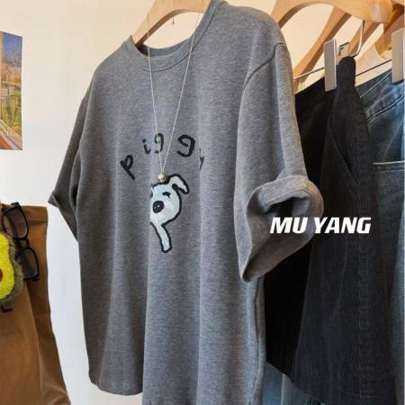 FA51848# 螺纹德绒大码300斤秋季植绒小猪磨毛短袖T恤休闲宽松圆领上衣T恤 服裝批發女裝批發服飾貨源