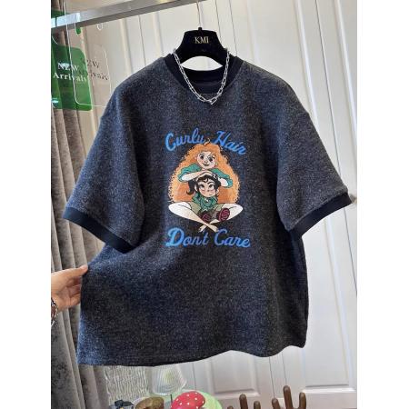 FA51849# 原版质量早春特大码300斤磨毛卡通印花字母短袖圆领T恤女上衣 服裝批發女裝批發服飾貨源