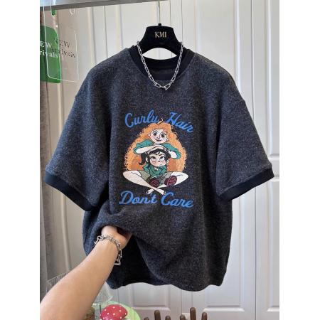 FA51849# 原版质量早春特大码300斤磨毛卡通印花字母短袖圆领T恤女上衣 服裝批發女裝批發服飾貨源