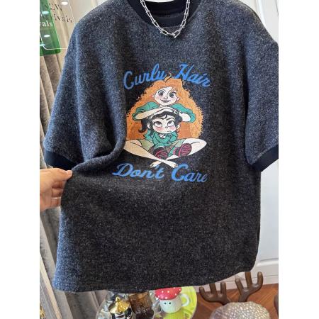 FA51849# 原版质量早春特大码300斤磨毛卡通印花字母短袖圆领T恤女上衣 服裝批發女裝批發服飾貨源