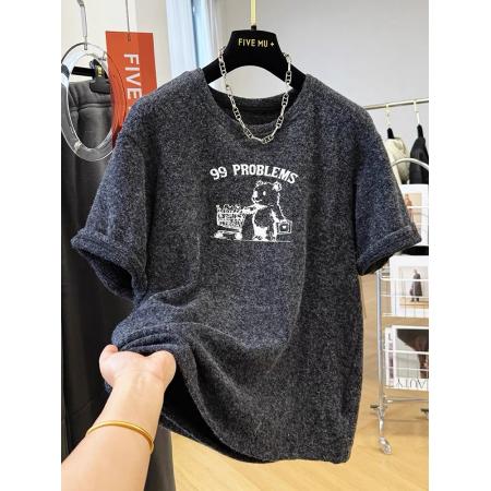 FA51850# 原版质量早春特大码300斤卡通磨毛德绒圆领短袖T恤女新款上衣 服裝批發女裝批發服飾貨源