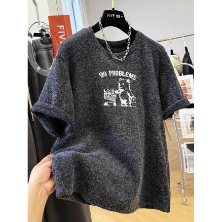 FA51850# 原版质量早春特大码300斤卡通磨毛德绒圆领短袖T恤女新款上衣 服裝批發女裝批發服飾貨源