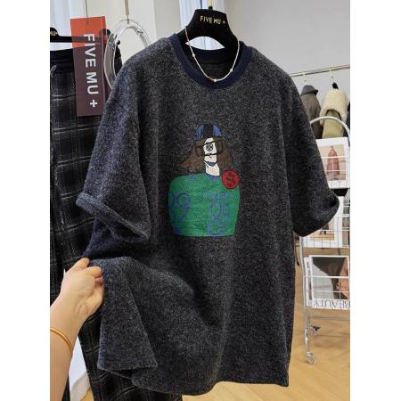 FA51851# 原版质量特大码300斤宽松卡通磨毛圆领短袖T恤女装春季打底衫上衣 服裝批發女裝批發服飾貨源