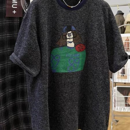 FA51851# 原版质量特大码300斤宽松卡通磨毛圆领短袖T恤女装春季打底衫上衣 服裝批發女裝批發服飾貨源