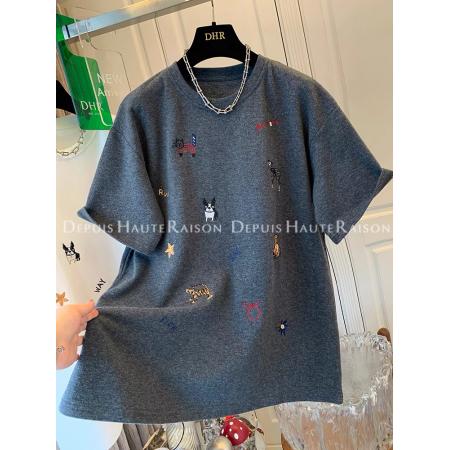 FA51852# 原版质量早春特大码300斤刺绣磨毛短袖圆领T恤宽松上衣女新款 服裝批發女裝批發服飾貨源