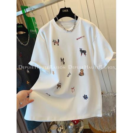 FA51852# 原版质量早春特大码300斤刺绣磨毛短袖圆领T恤宽松上衣女新款 服裝批發女裝批發服飾貨源