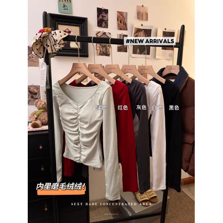 FA51853# 冬季新款洋气时尚开叉褶皱修身V领设计感磨毛保暖长袖T恤女 服裝批發女裝批發服飾貨源