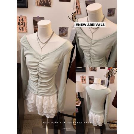 FA51853# 冬季新款洋气时尚开叉褶皱修身V领设计感磨毛保暖长袖T恤女 服裝批發女裝批發服飾貨源