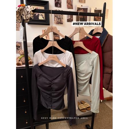 FA51853# 冬季新款洋气时尚开叉褶皱修身V领设计感磨毛保暖长袖T恤女 服裝批發女裝批發服飾貨源