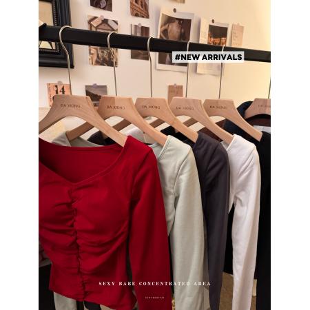 FA51853# 冬季新款洋气时尚开叉褶皱修身V领设计感磨毛保暖长袖T恤女 服裝批發女裝批發服飾貨源