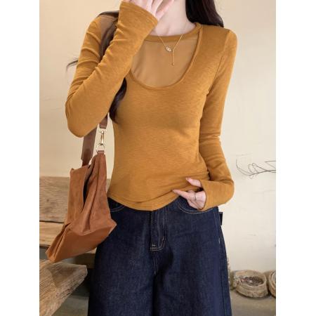 FA51854# 高级感网纱拼接U领磨毛长袖t恤女冬季新款修身短款打底衫上衣 服裝批發女裝批發服飾貨源