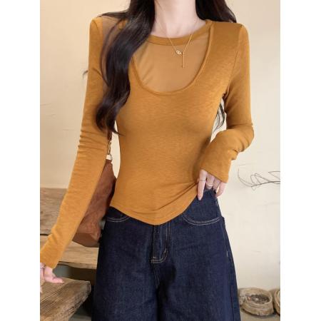 FA51854# 高级感网纱拼接U领磨毛长袖t恤女冬季新款修身短款打底衫上衣 服裝批發女裝批發服飾貨源