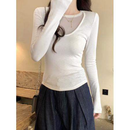 FA51854# 高级感网纱拼接U领磨毛长袖t恤女冬季新款修身短款打底衫上衣 服裝批發女裝批發服飾貨源