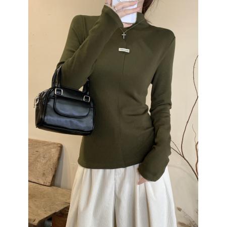 FA51855# 韩系半高领贴牌小标长袖t恤女冬季新款磨毛薄绒休闲百搭打底上衣 服裝批發女裝批發服飾貨源